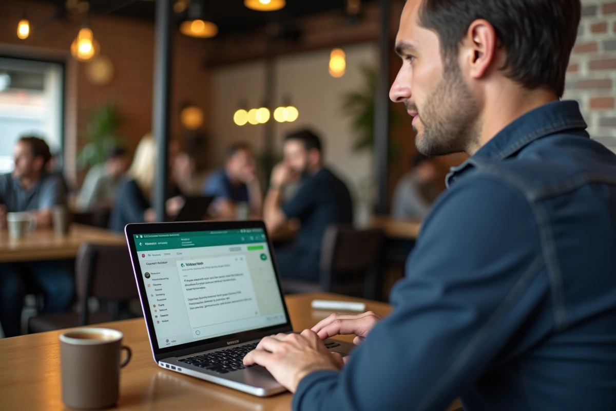 Homme analysant les résultats d'un sondage WhatsApp sur son ordinateur portable dans un café urbain