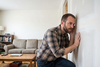 Homme en jeans et chemise attentive dans un appartement moderne