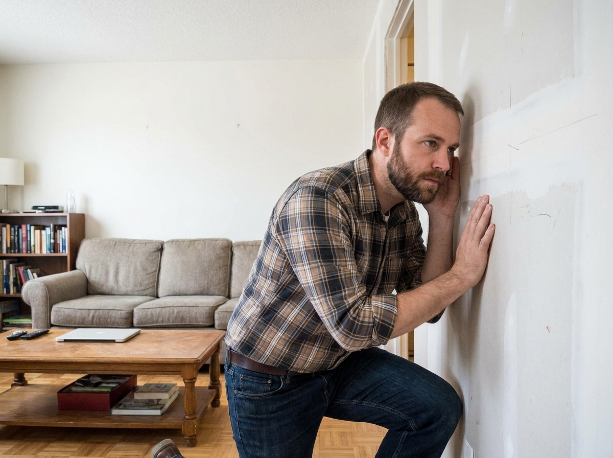 Homme en jeans et chemise attentive dans un appartement moderne
