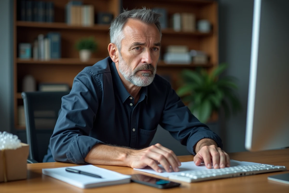 Homme au bureau résolvant un litige vendeur sur Le Bon Coin avec un ordinateur et un colis ouvert