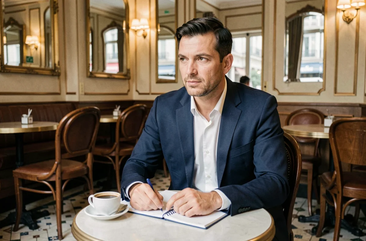 Homme pensif assis dans un café parisien avec un carnet, illustrant la complexité d'une relation publique et médiatique