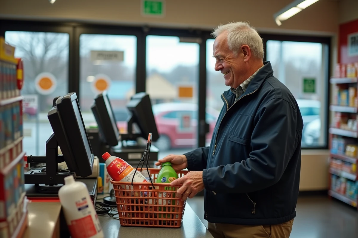 Homme âgé payant ses courses au magasin avec sourire