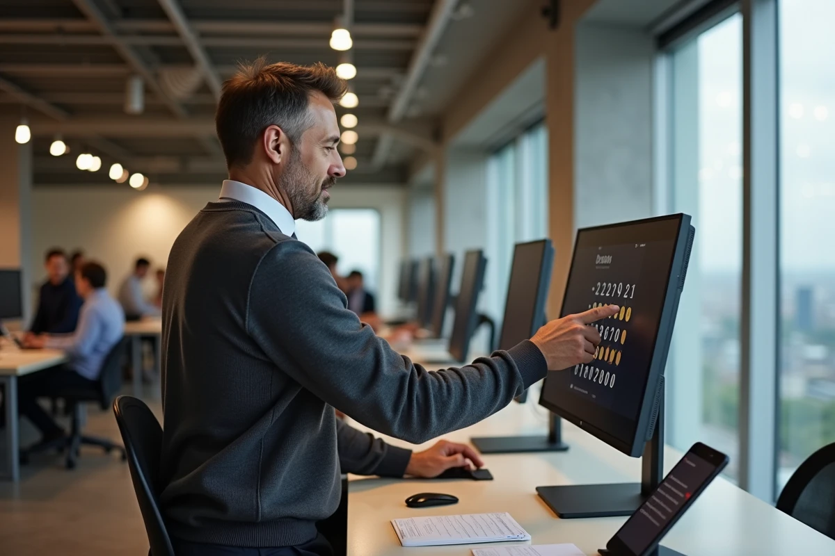 Homme professionnel utilisant un calculateur entre deux dates sur un grand écran dans un bureau moderne