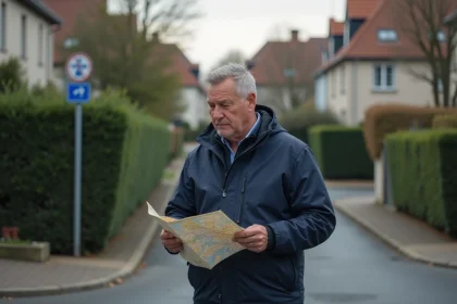 Homme en veste marine avec carte &agrave; la main dans une rue r&eacute;sidentielle
