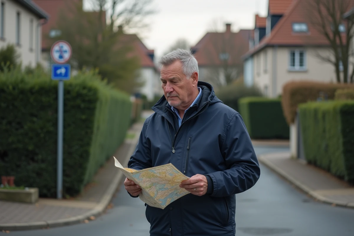 Homme en veste marine avec carte à la main dans une rue résidentielle