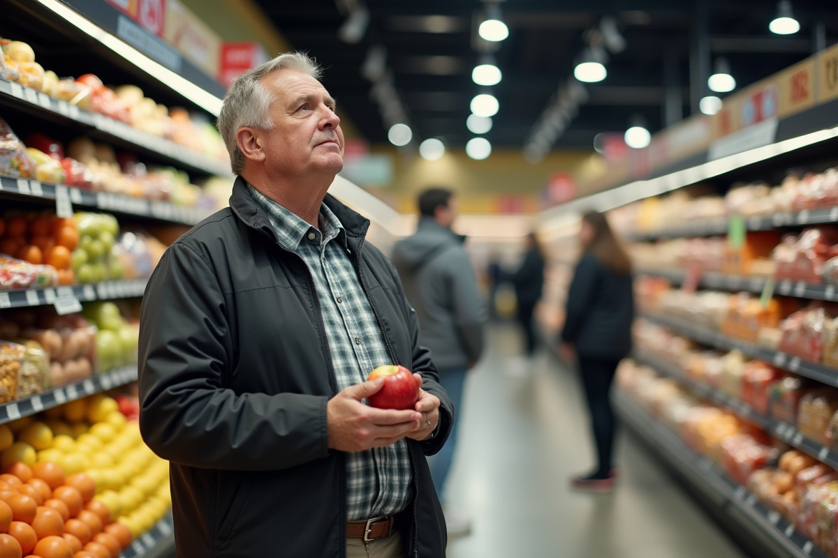 Homme hésitant devant les produits frais en supermarche