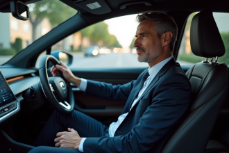 Homme d'âge moyen dans une voiture autonome moderne