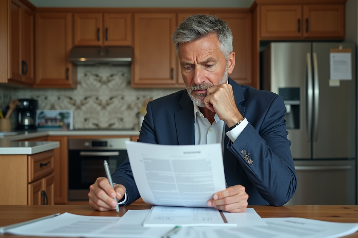 Homme d affaires examinant des documents de prêt immobilier