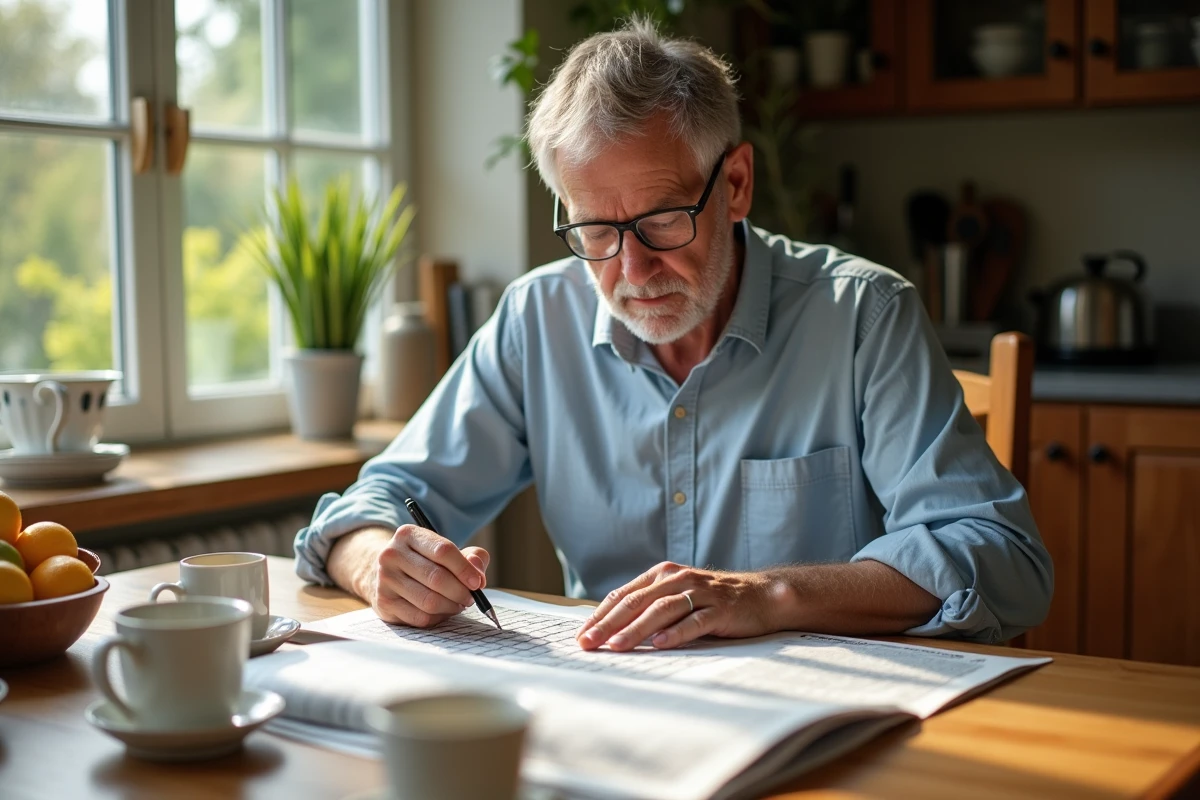 Homme d'&acirc;ge moyen remplissant un mots crois&eacute;s &agrave; la maison