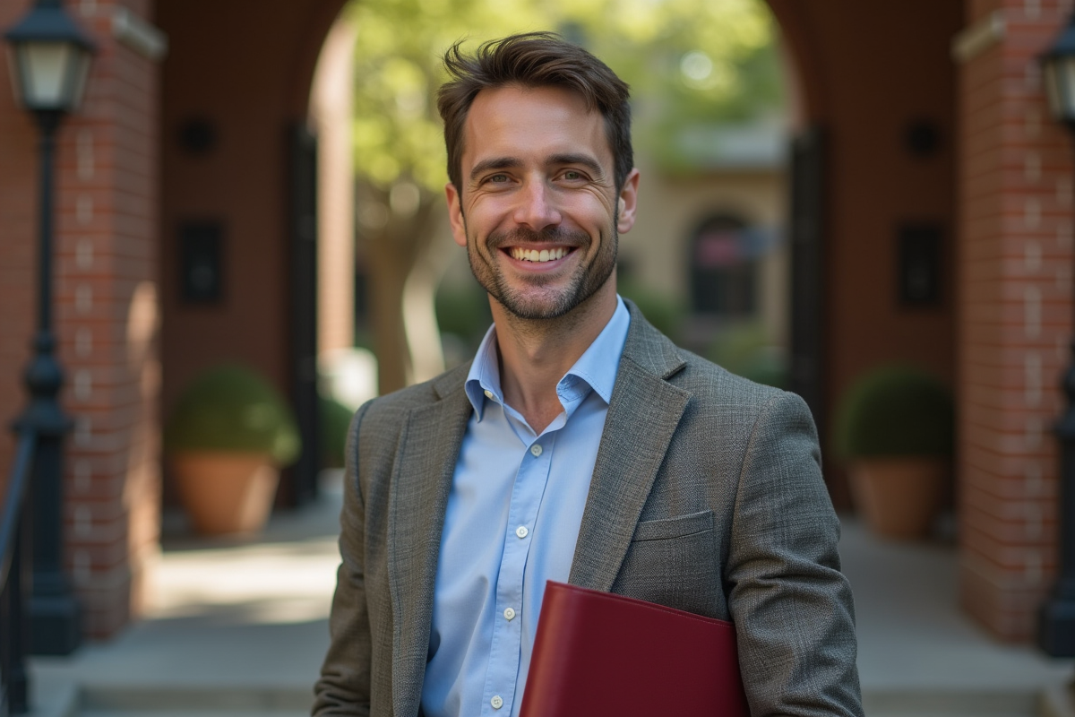 Homme avec diplôme devant une entrée d