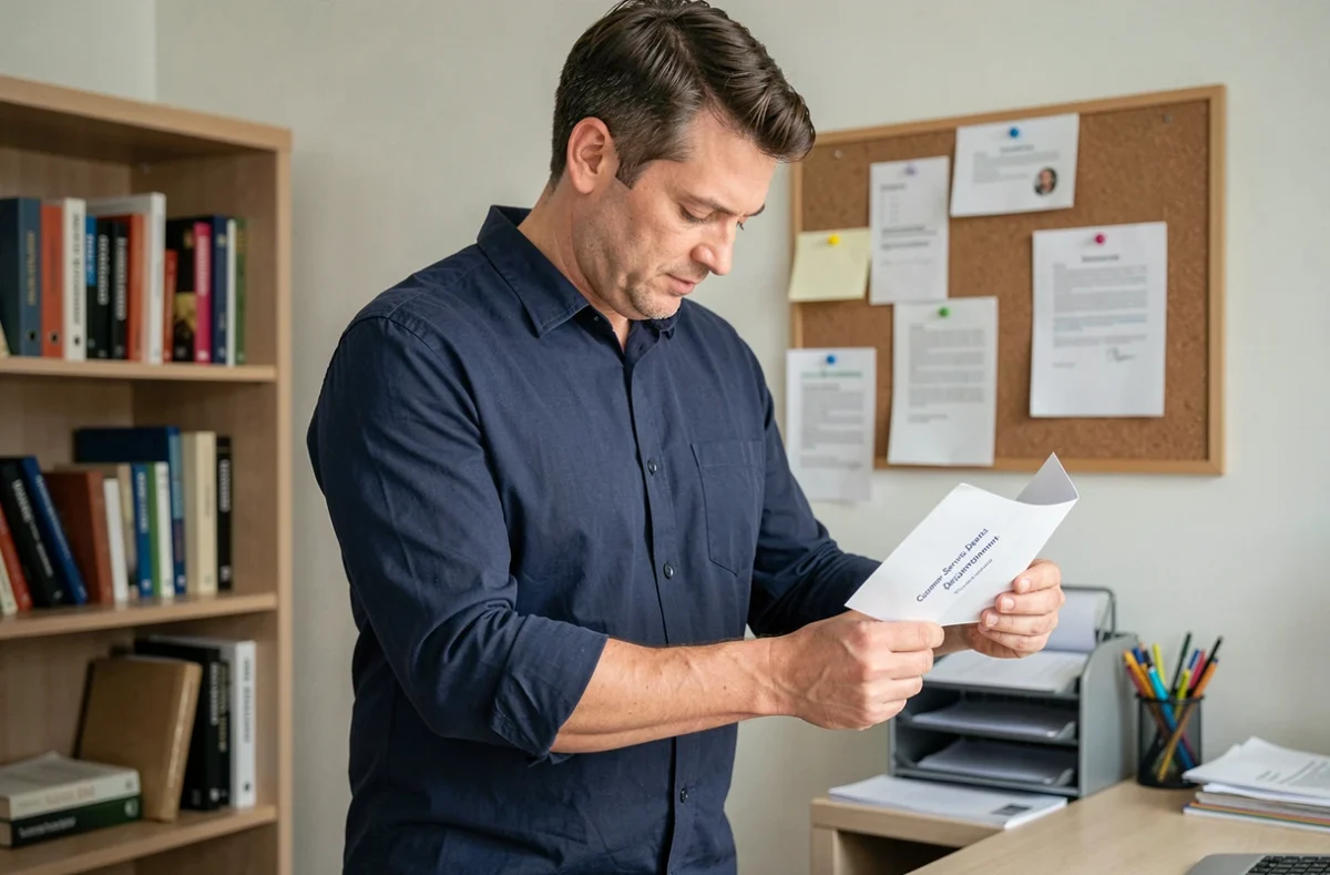 Homme tenant une enveloppe de résiliation prête à envoyer à SFR dans un bureau à domicile