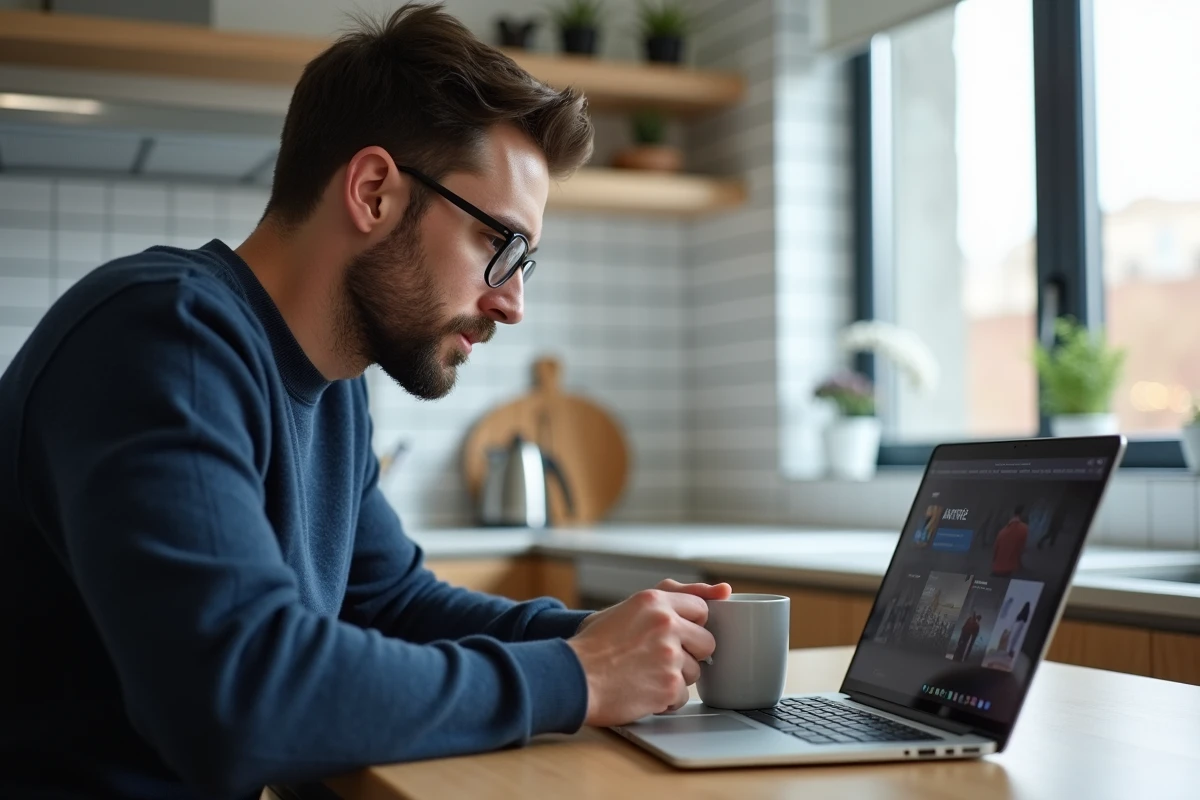Homme analysant des plateformes de streaming en ligne sur un ordinateur portable dans une cuisine moderne