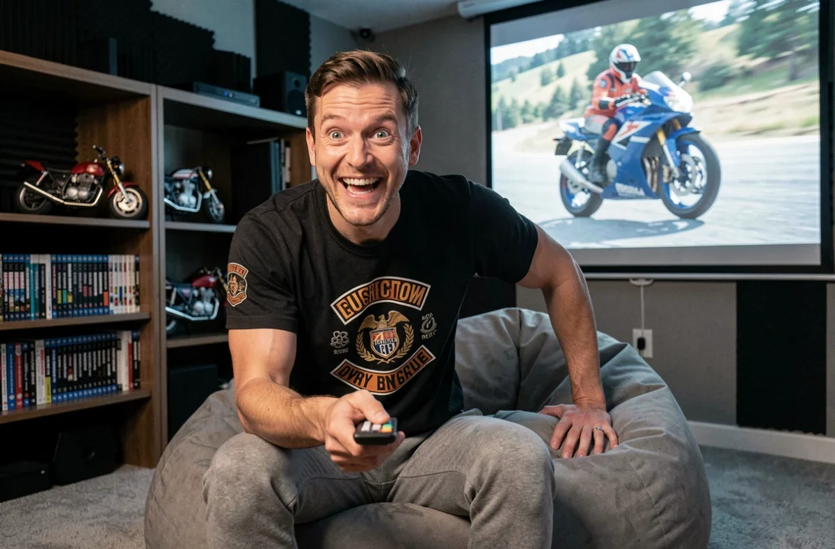 Homme passionné de moto regardant un film d'action sur grand écran dans un home cinéma