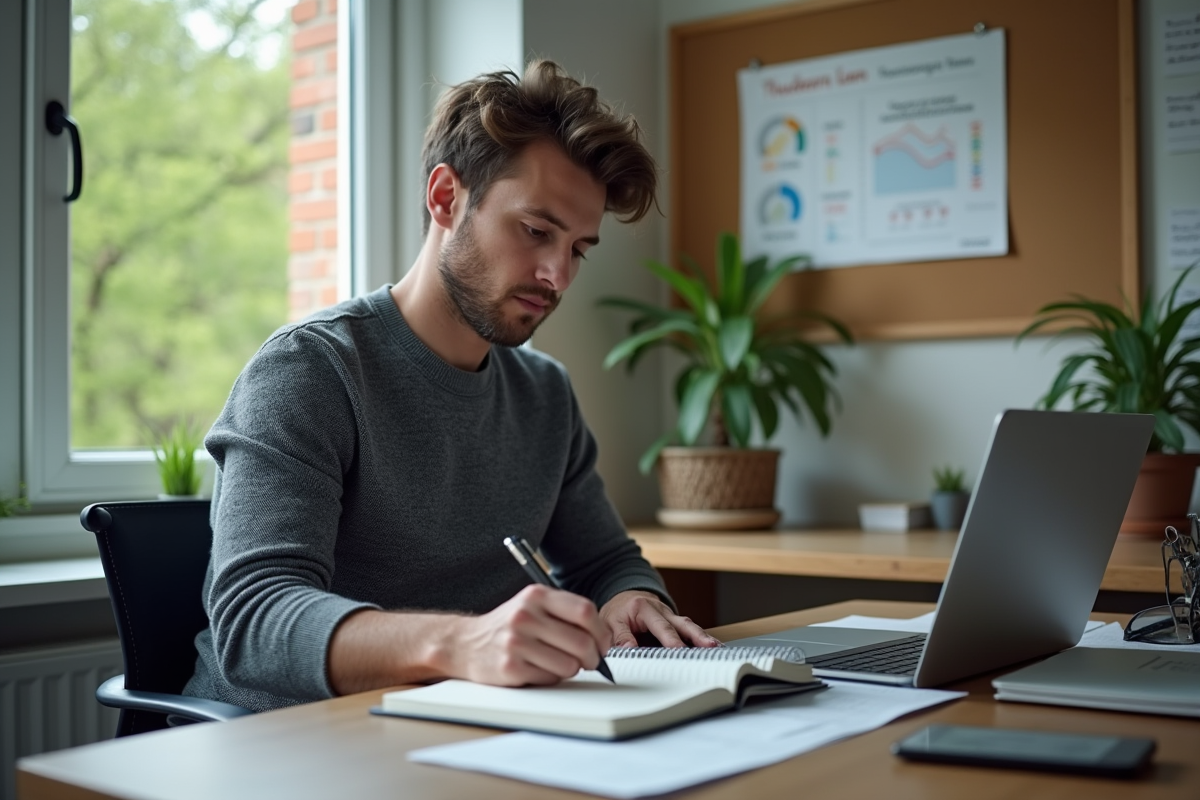 Homme étudiant ses finances avec un carnet dans un bureau à domicile