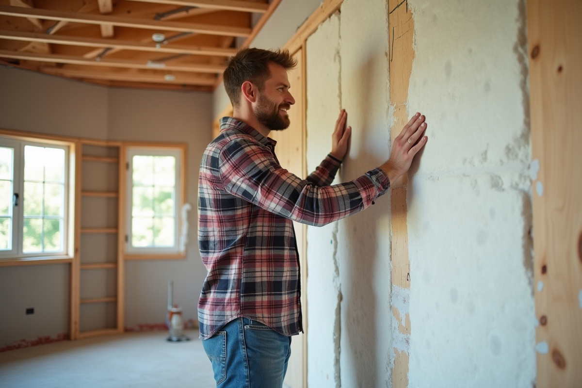 Homme appliquant des panneaux d'isolation dans une maison