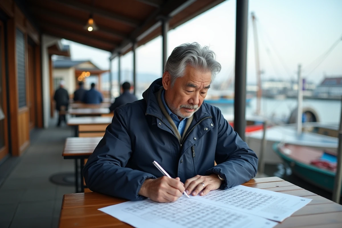 Homme japonais remplissant un sudoku en extérieur