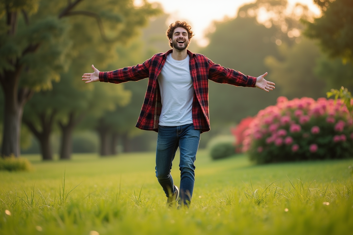 Jeune homme riant dans un jardin au lever du soleil