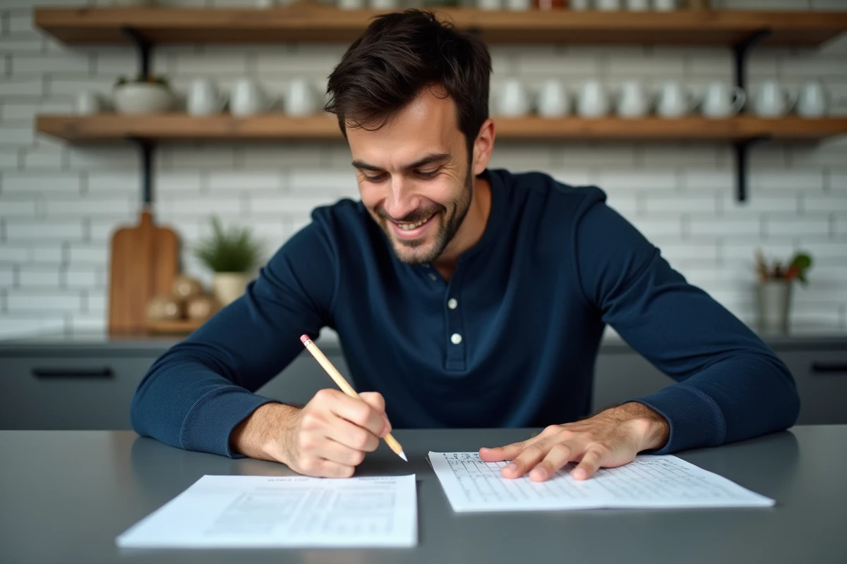 Homme concentré résolvant un jeu de mots style Cimentix avec carnet et crayon sur table de cuisine moderne