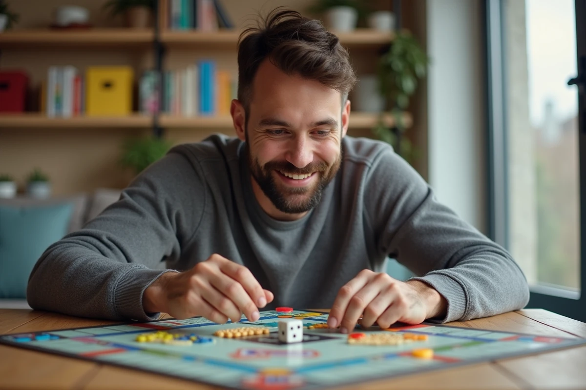 Homme analysant un plateau de Monopoly Go &agrave; la maison