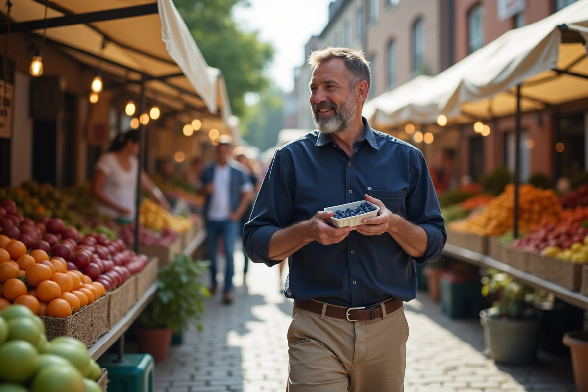 Homme sélectionnant des myrtilles au marché en plein air