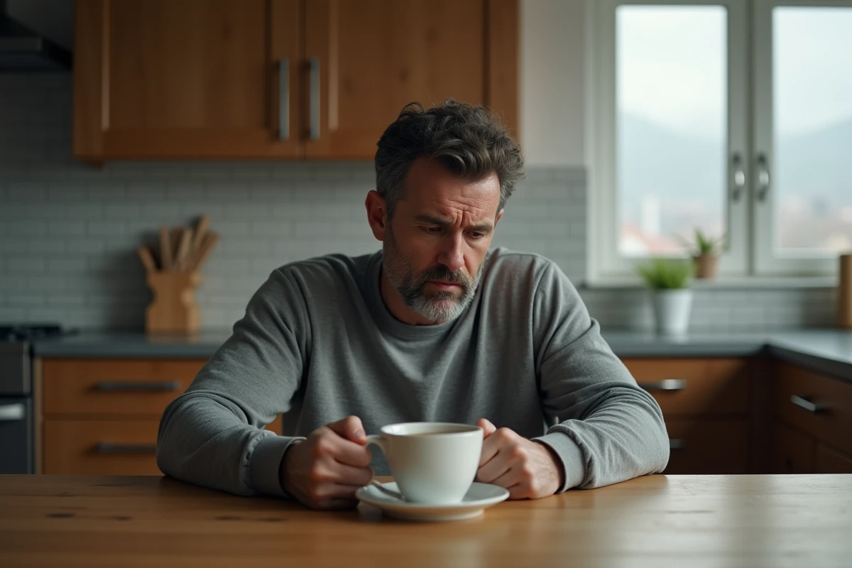 Homme pensif attablé le matin avec un café, visage marqué par un rêve troublant