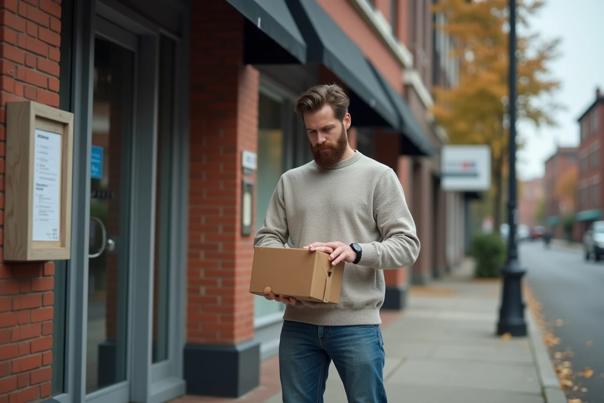 Homme avec colis devant un bureau de poste en ville