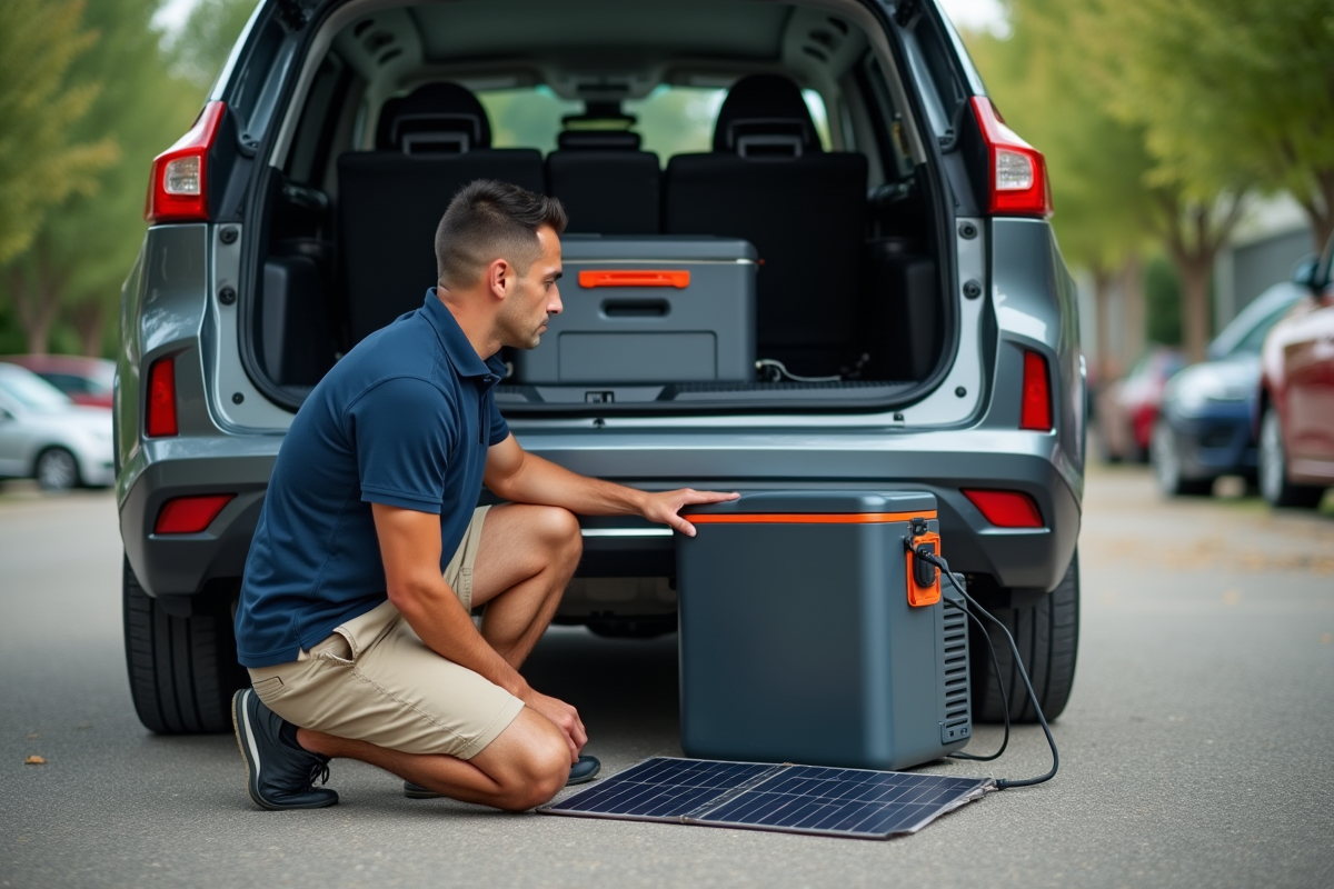 Homme rechargeant un frigo voiture avec panneau solaire en extérieur