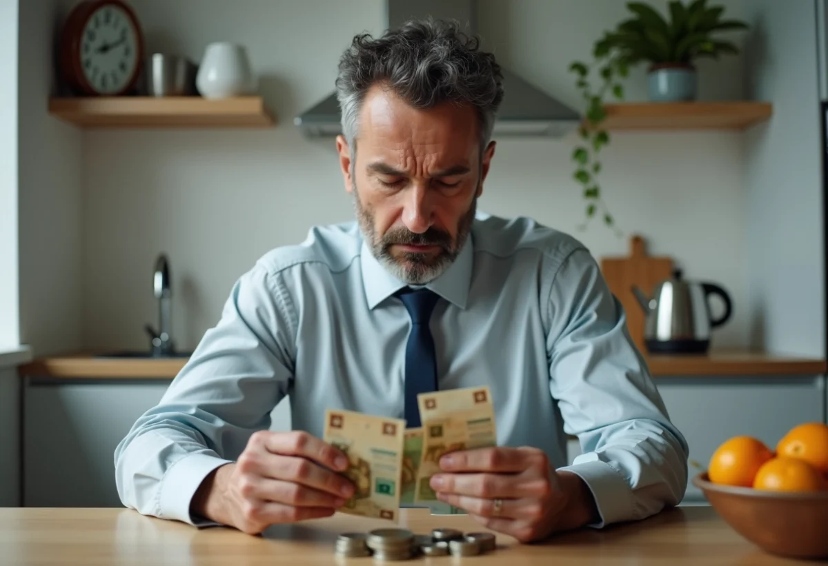 Homme d'âge moyen regardant des billets de banque en souci