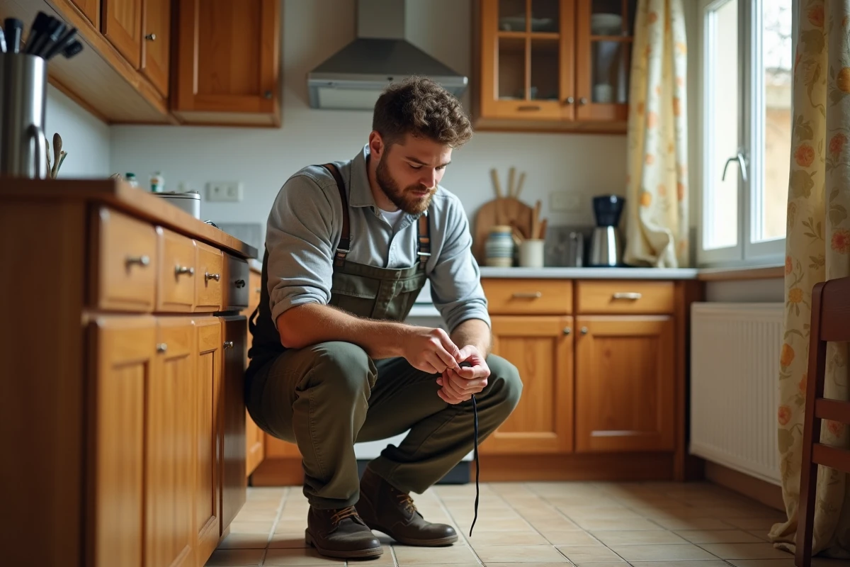 Jeune homme réparant une charnière de meuble dans la cuisine