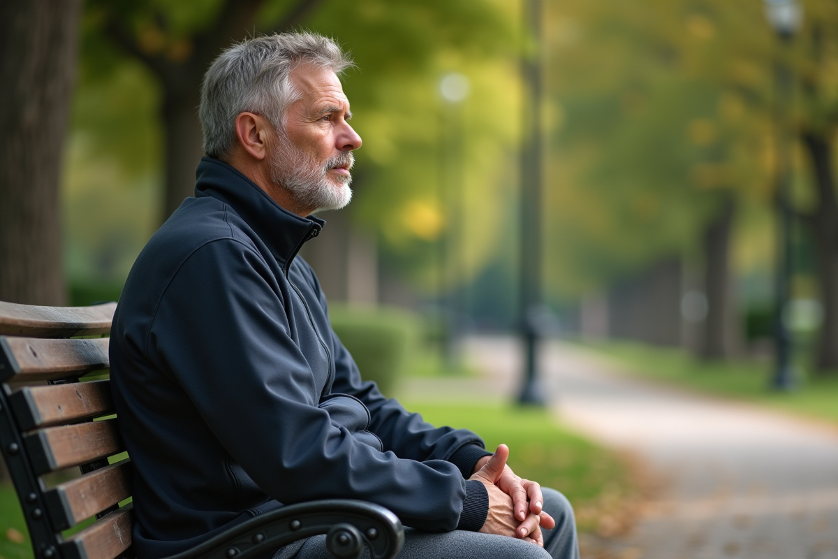Homme tranquille assis sur un banc dans un parc verdoyant