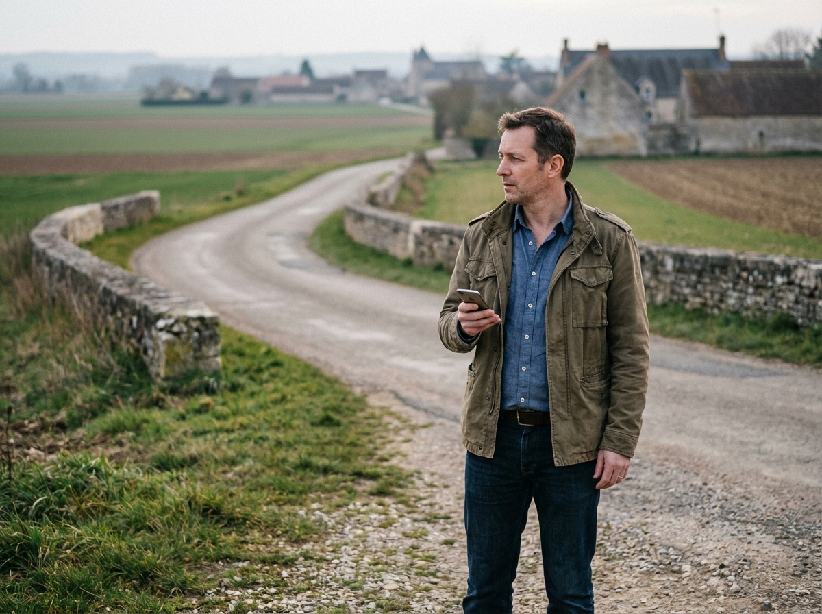 Homme regardant la campagne depuis un chemin rural &agrave; Bourges