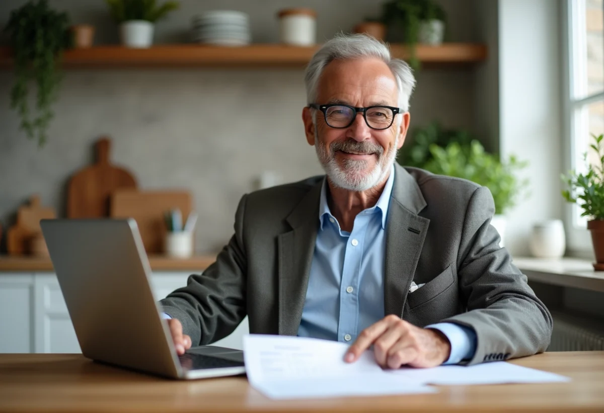 Homme senior souriant dans sa cuisine moderne