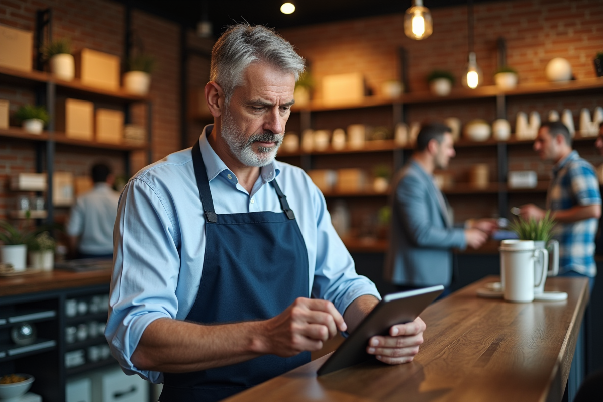 Homme vérifiant un rapport de vente dans une boutique chaleureuse