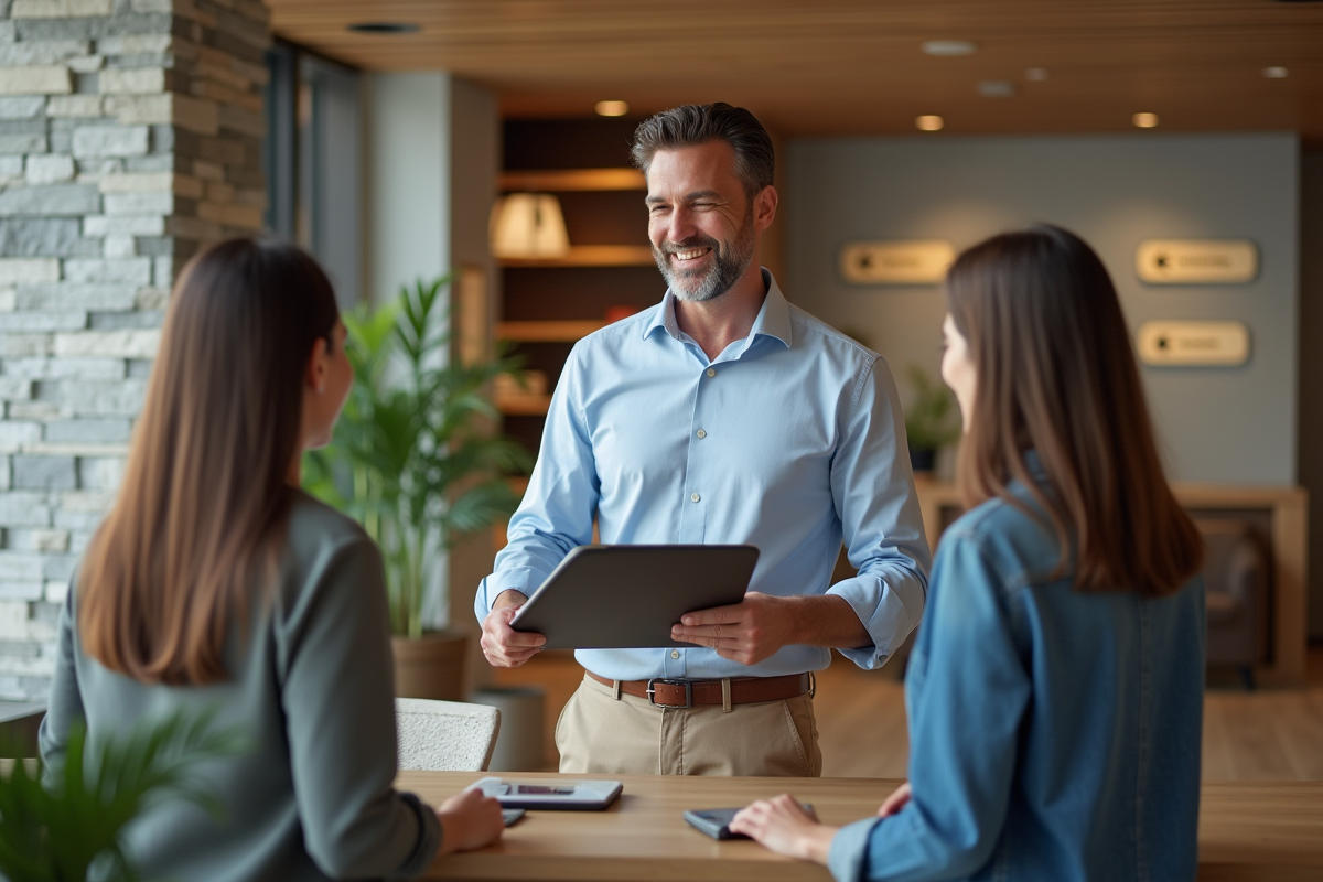 Homme souriant donnant un dossier à un couple
