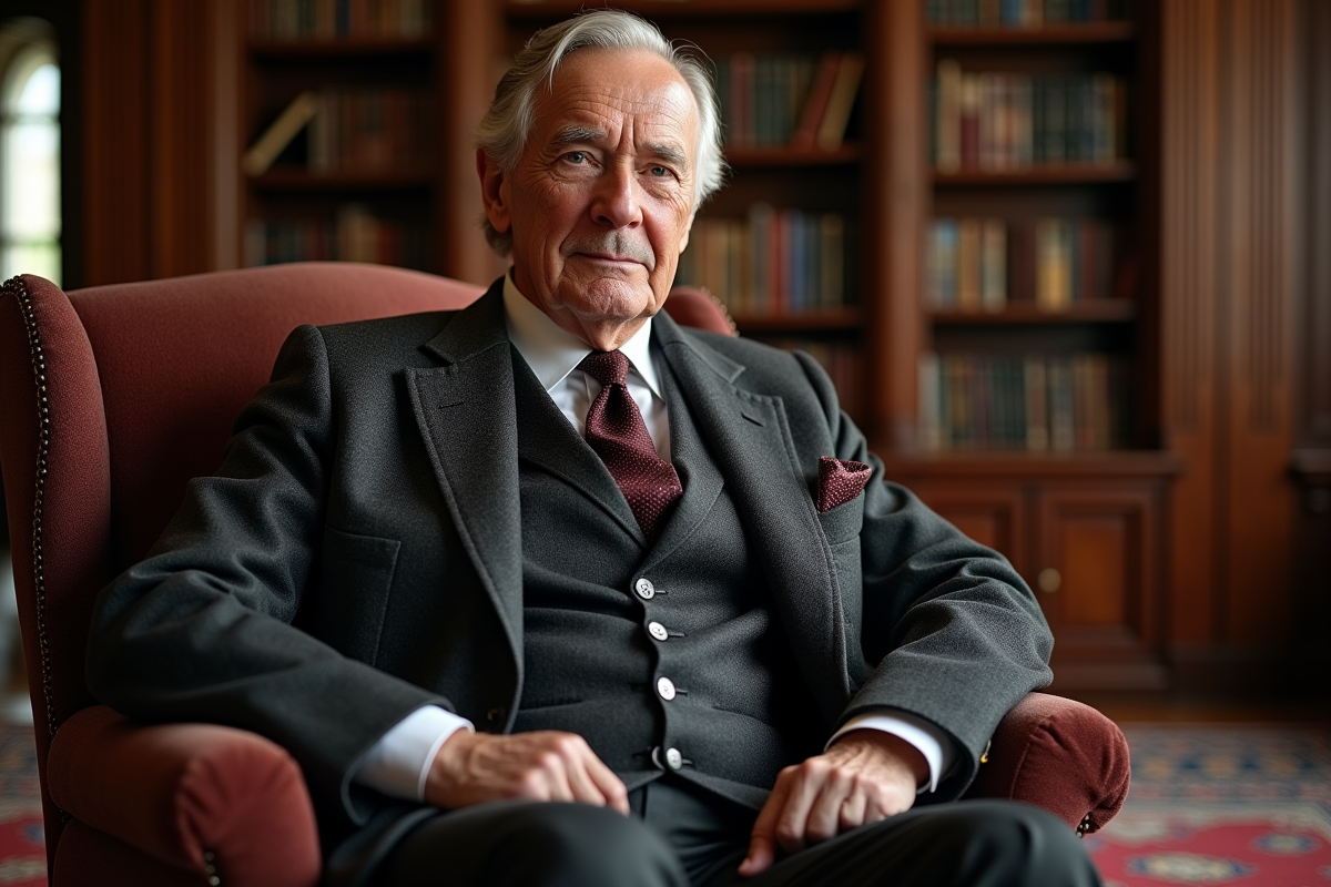 Homme âgé en costume dans une bibliothèque