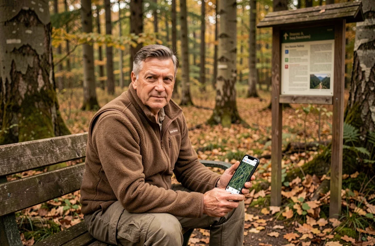 Homme consultant Google Maps sur smartphone en forêt pour localiser des coordonnées GPS précises