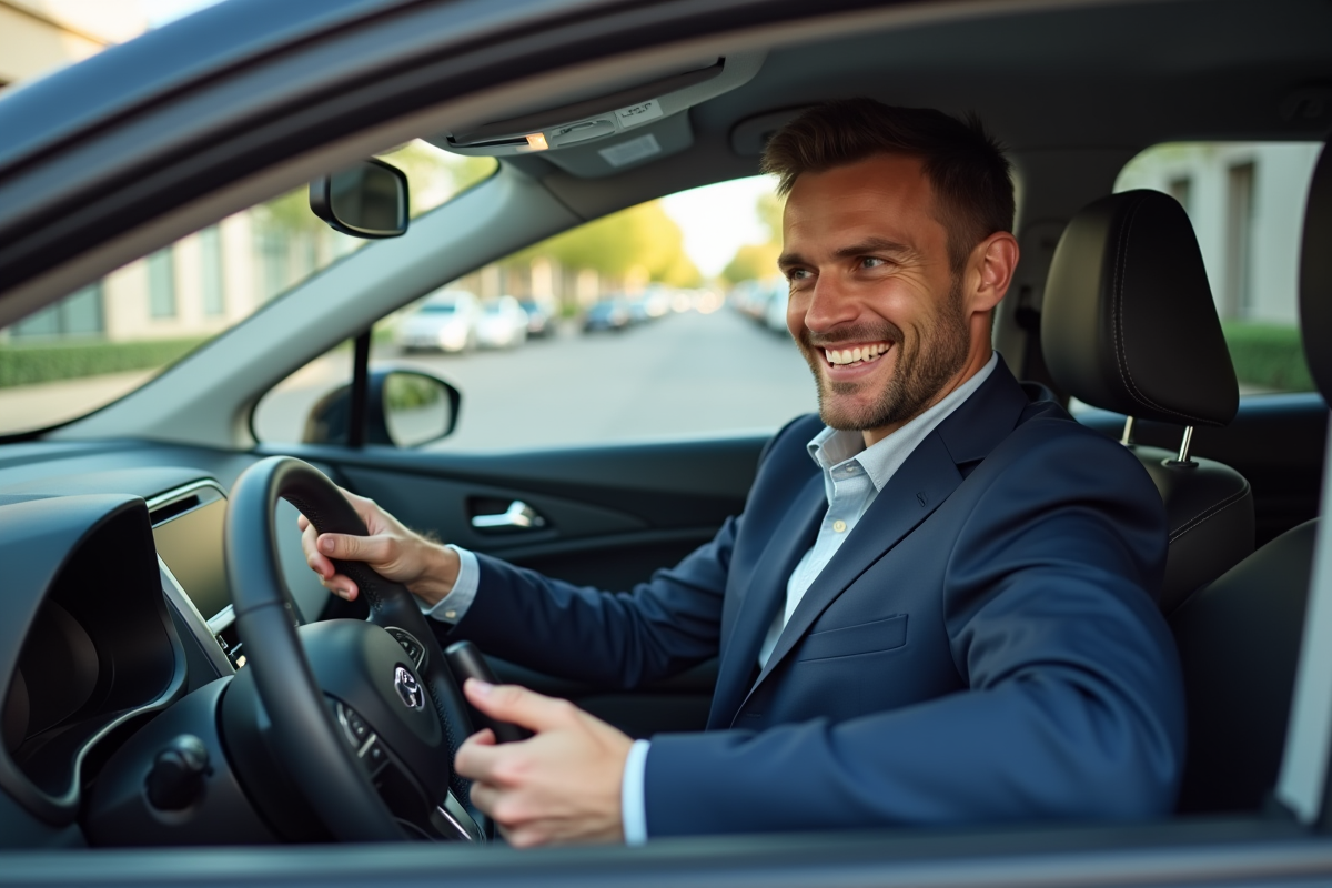 Homme souriant dans une voiture urbaine moderne