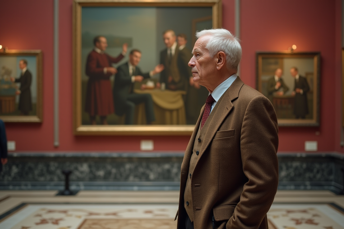 Homme âgé en costume dans un musée d'art avec peinture cubiste