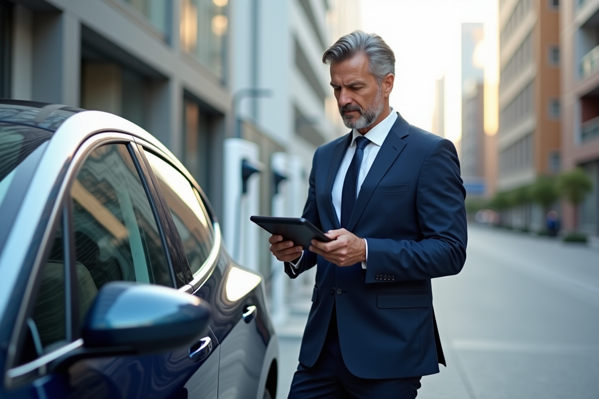 Homme en costume regardant une voiture électrique en ville