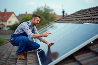 Homme en overalls pointant vers des panneaux solaires sur un toit