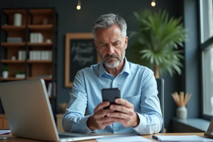 Homme d'&acirc;ge moyen dans un bureau moderne examine un appel suspect