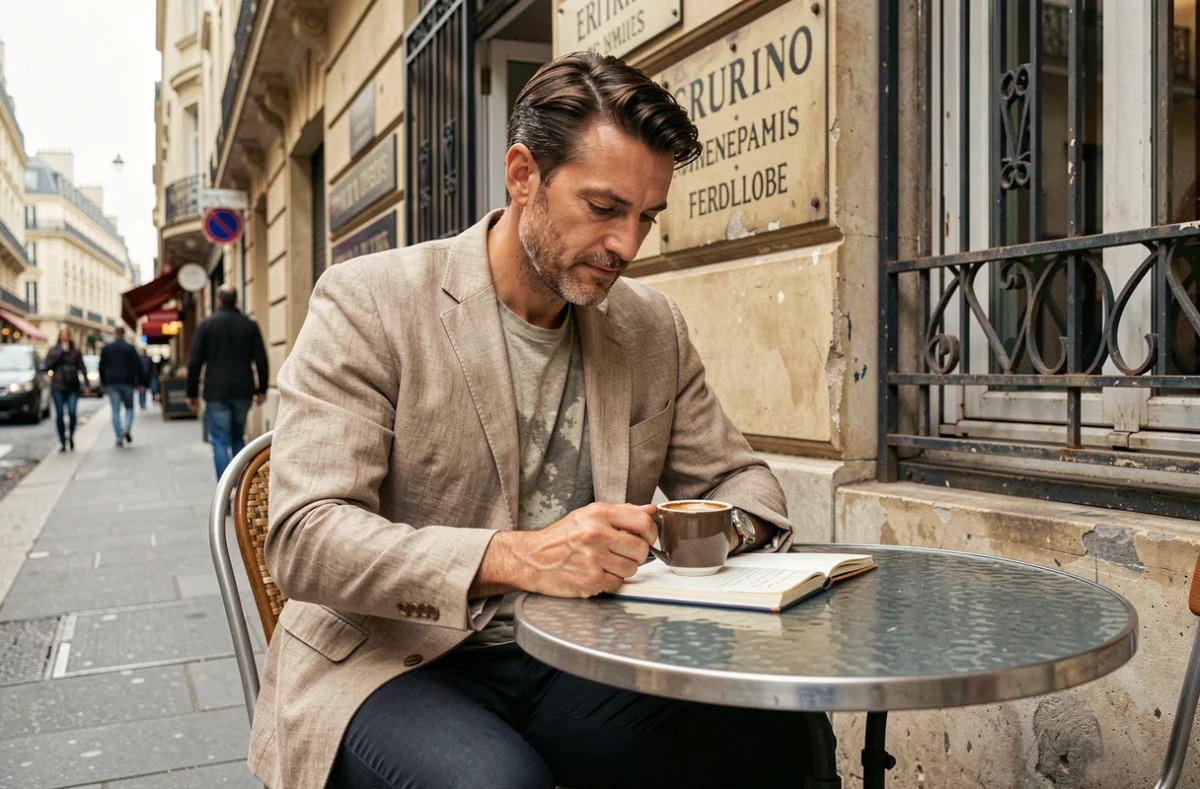 Homme en blazer lin contemporain attablé en terrasse parisienne historique, entre style moderne et mémoire des quartiers populaires