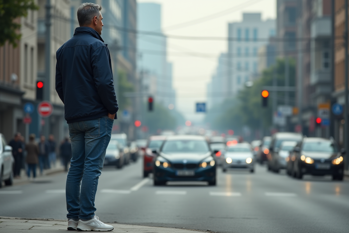Homme d'âge moyen regardant le trafic urbain congestionné