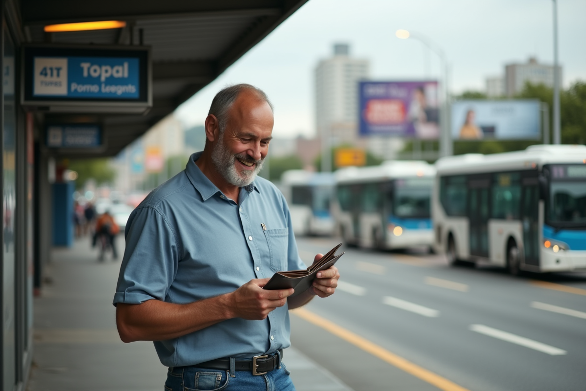 Homme souriant regardant son portefeuille dans la rue