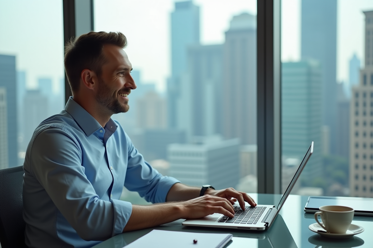 Homme en visioconference avec vue sur la ville