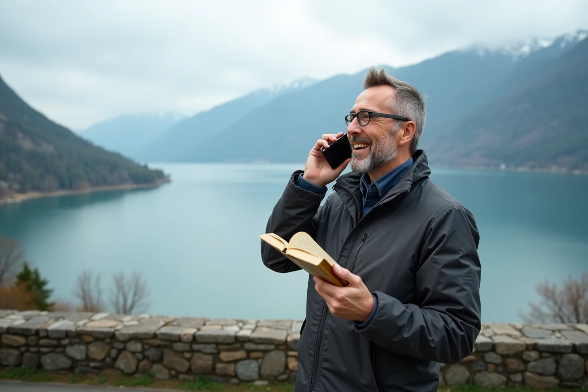 Homme en plein air au bord du lac en appel VoIP avec guide de voyage