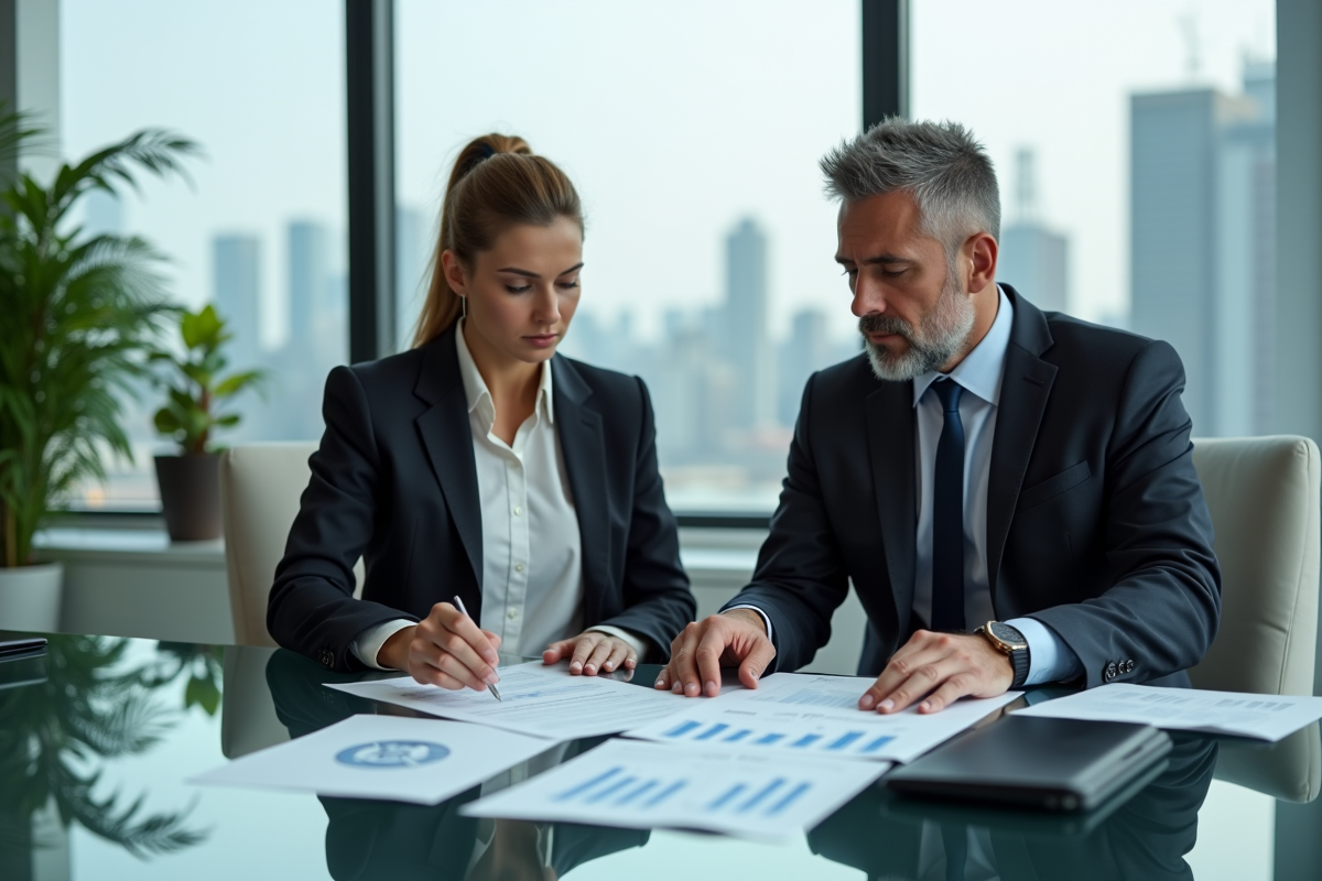 Hommes d'affaires en réunion avec documents financiers