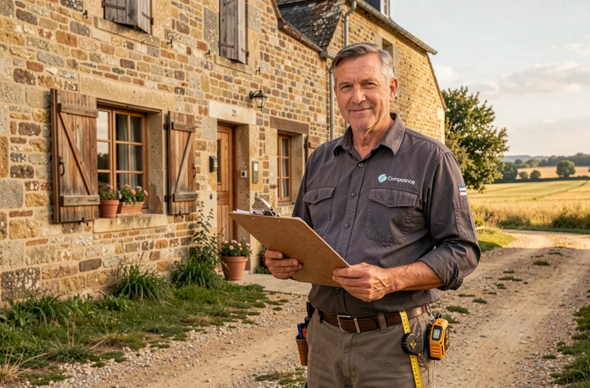 Électricien Sarl Hugues Fritschy devant une ferme en pierre dans la campagne de l'Aube