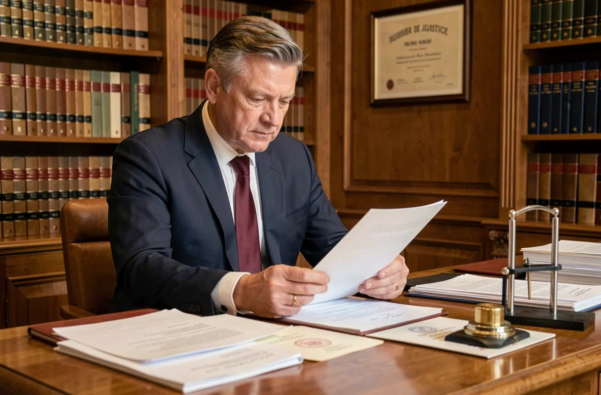 Huissier de justice en costume sombre assis à son bureau avec des documents officiels dans une étude juridique traditionnelle