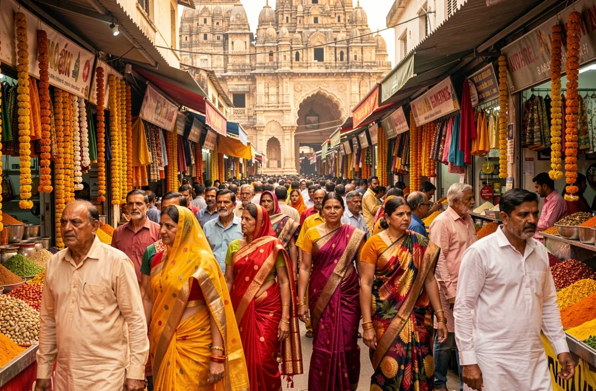 Marché traditionnel animé de Varanasi en Inde avec une foule dense en tenues colorées, illustrant la densité de population record du pays